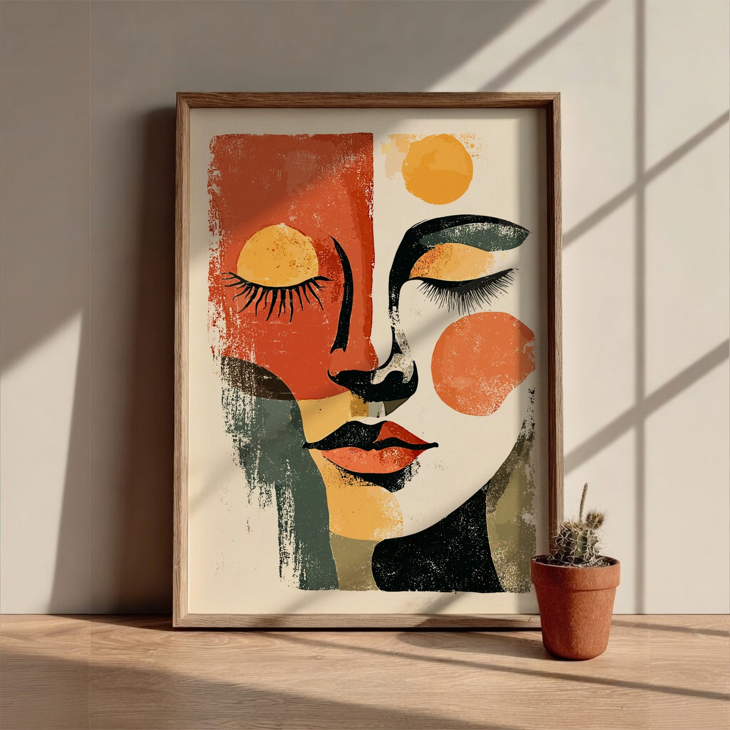 Framed abstract art print of a face on a wall with a potted plant below.