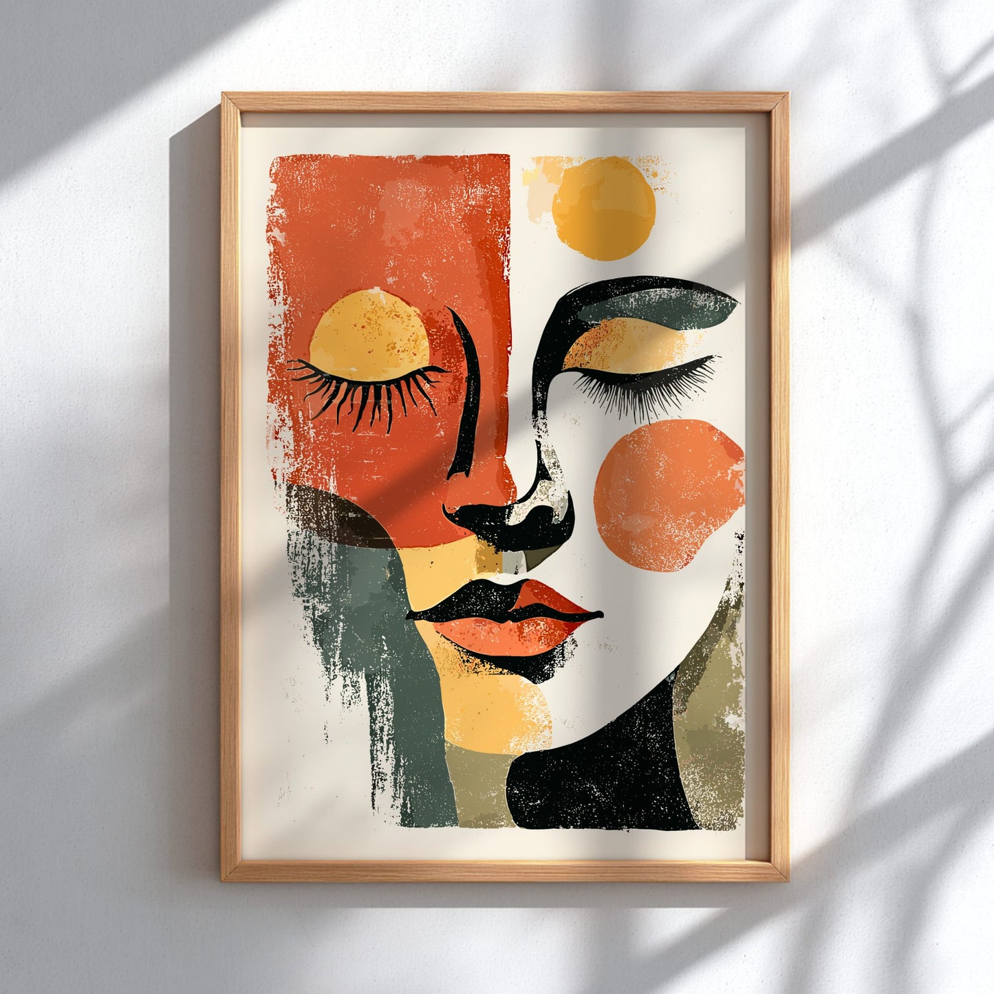 Framed abstract art print of a face with geometric shapes on a white wall.