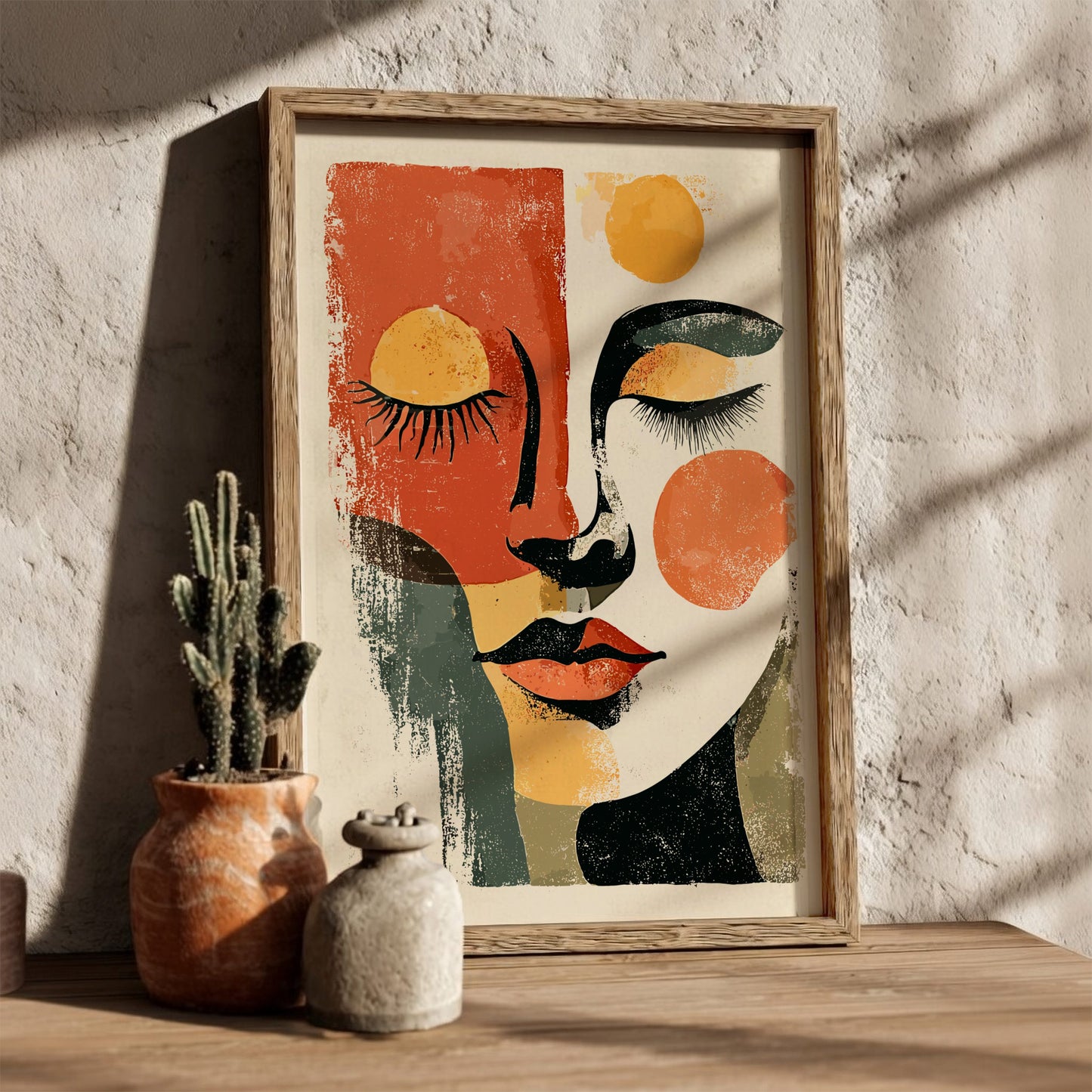 Framed abstract art print of a face with geometric shapes on a textured wall.