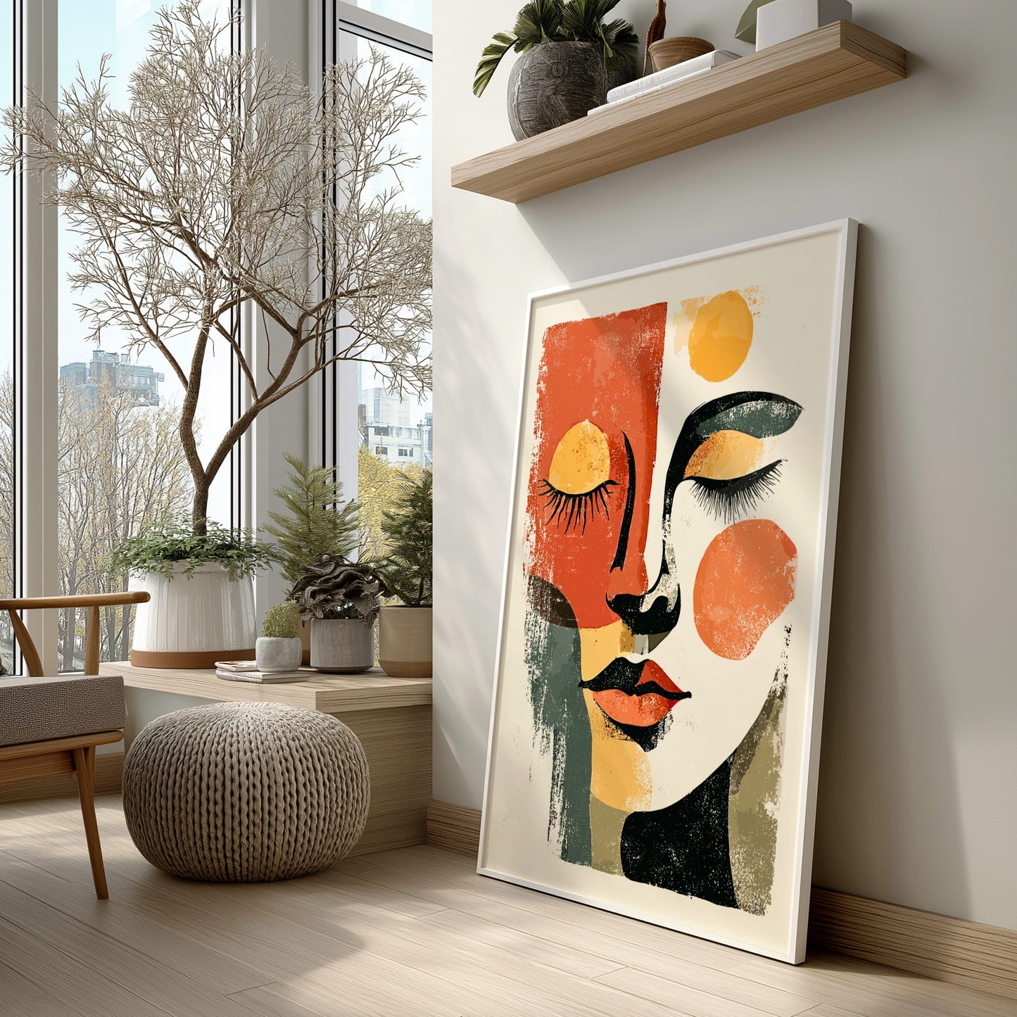 Modern interior with abstract art on the wall, plants, and wooden furniture.
