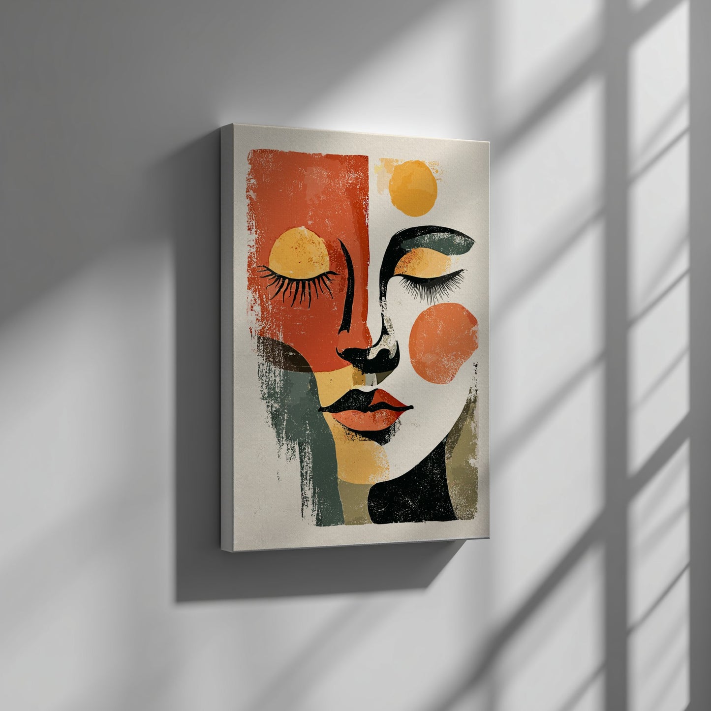 Abstract art canvas print of a face on a wall with sunlight casting shadows.
