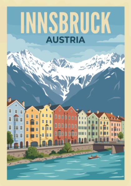 Innsbruck Austria travel poster featuring colourful townhouses along a river with snowy mountains.