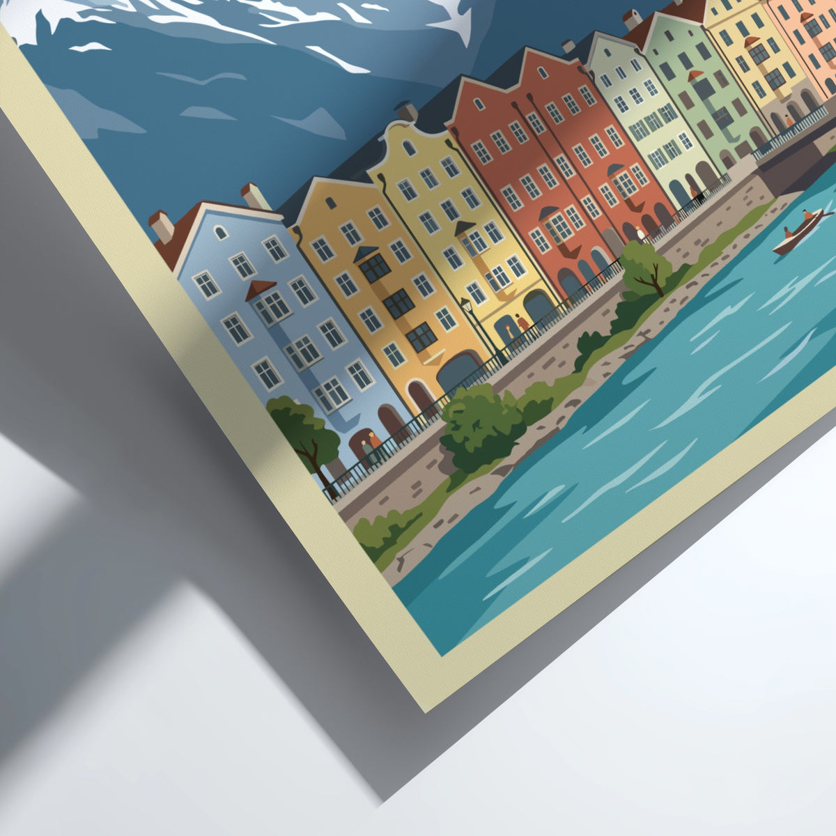 Innsbruck Austria travel poster featuring colourful townhouses along a river with snowy mountains.