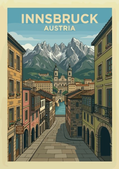 Innsbruck Austria travel poster featuring historic buildings and snowy mountains in a vintage illustration