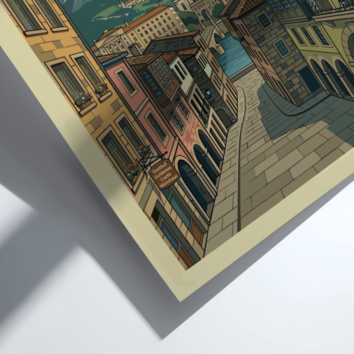 Innsbruck Austria travel poster featuring historic buildings and snowy mountains in a vintage illustration