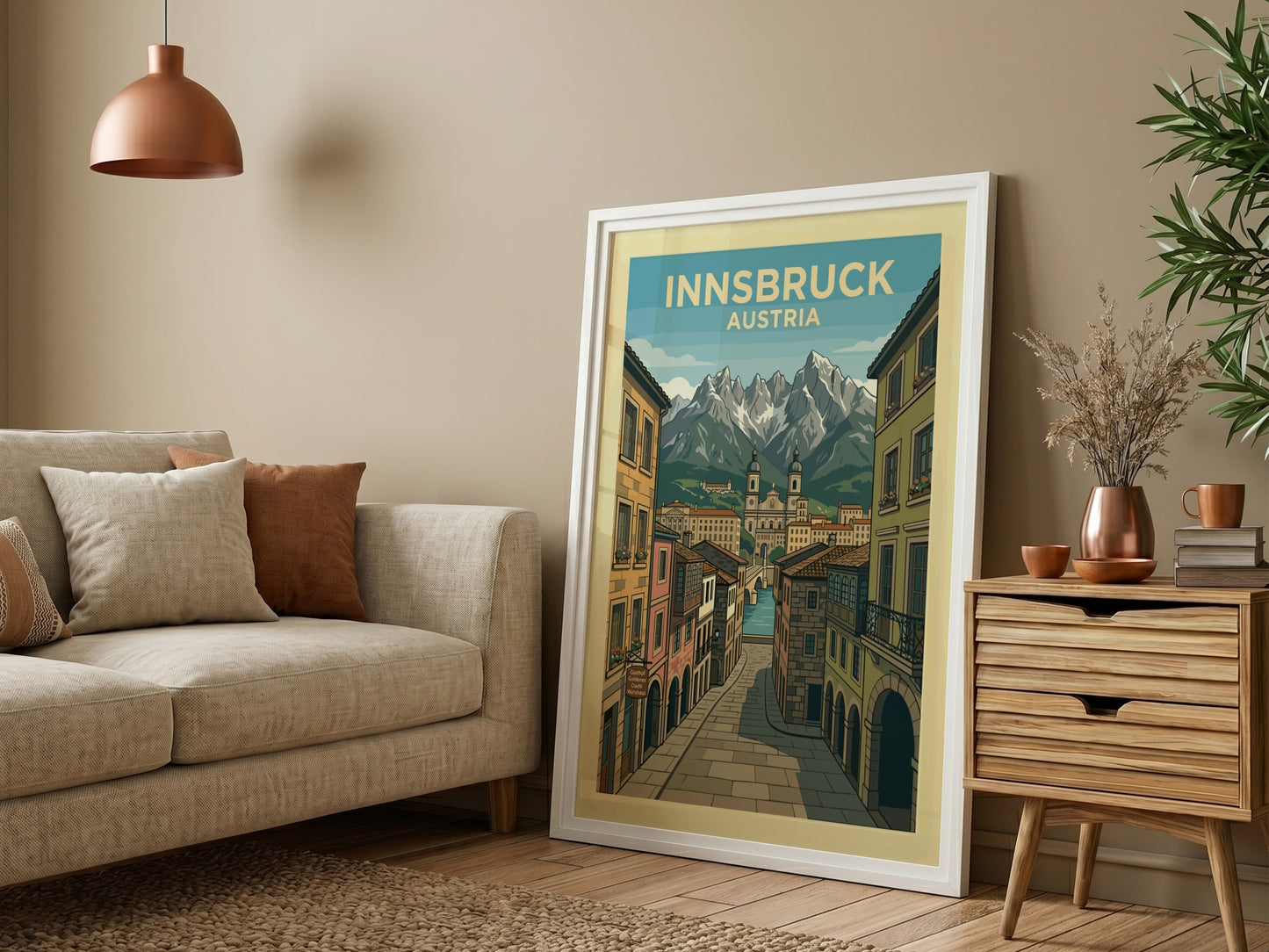Innsbruck Austria travel poster featuring historic buildings and snowy mountains in a vintage illustration