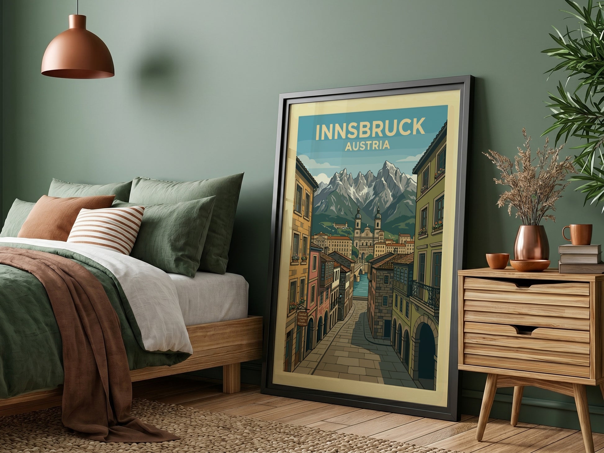 Innsbruck Austria travel poster featuring historic buildings and snowy mountains in a vintage illustration
