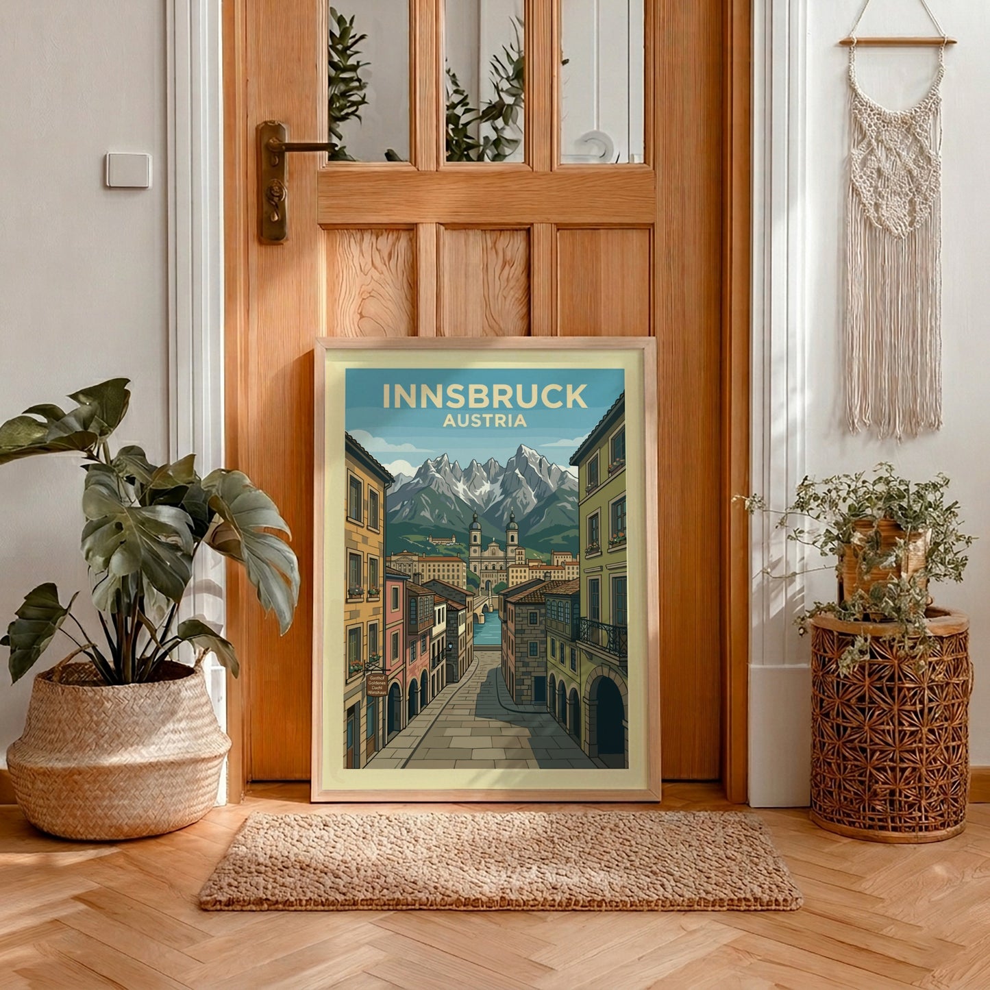 Innsbruck Austria travel poster featuring historic buildings and snowy mountains in a vintage illustration