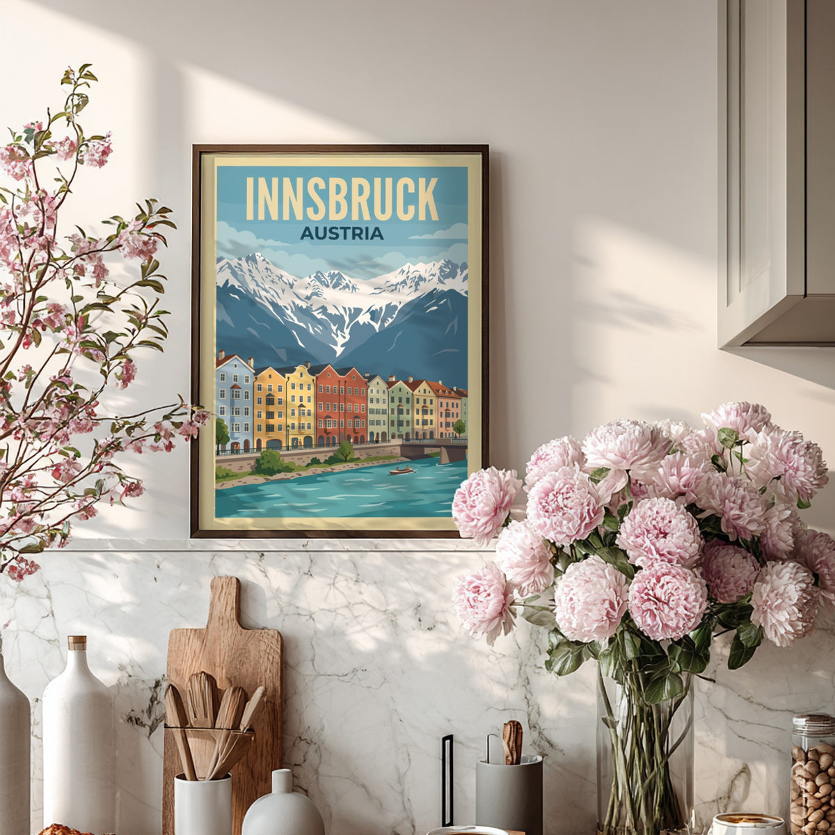 Innsbruck Austria travel poster featuring colourful townhouses along a river with snowy mountains.