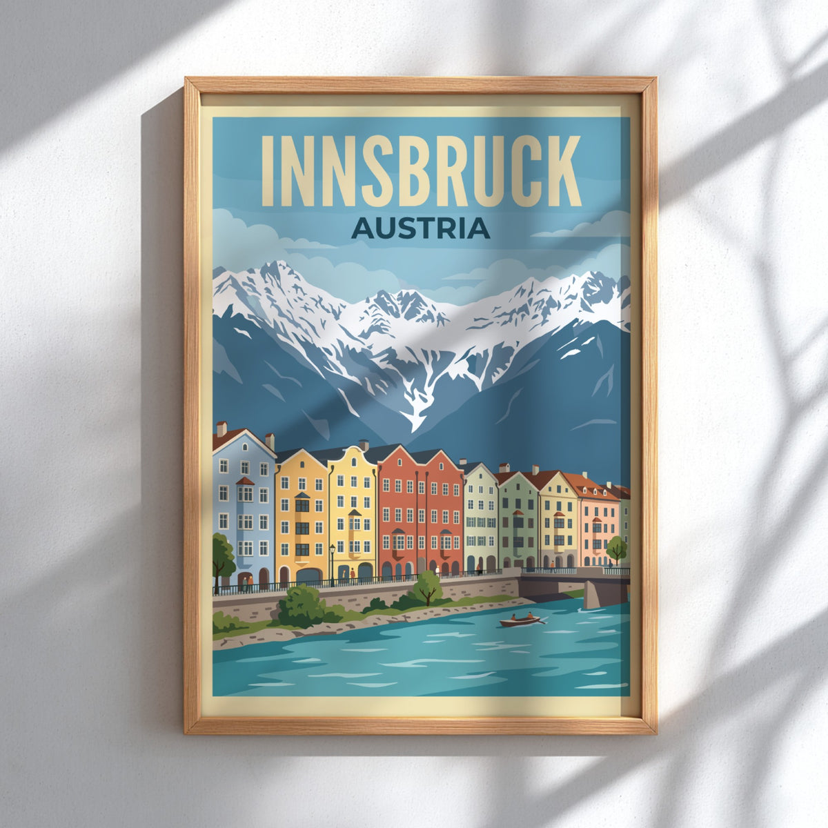 Innsbruck Austria travel poster featuring colourful townhouses along a river with snowy mountains.
