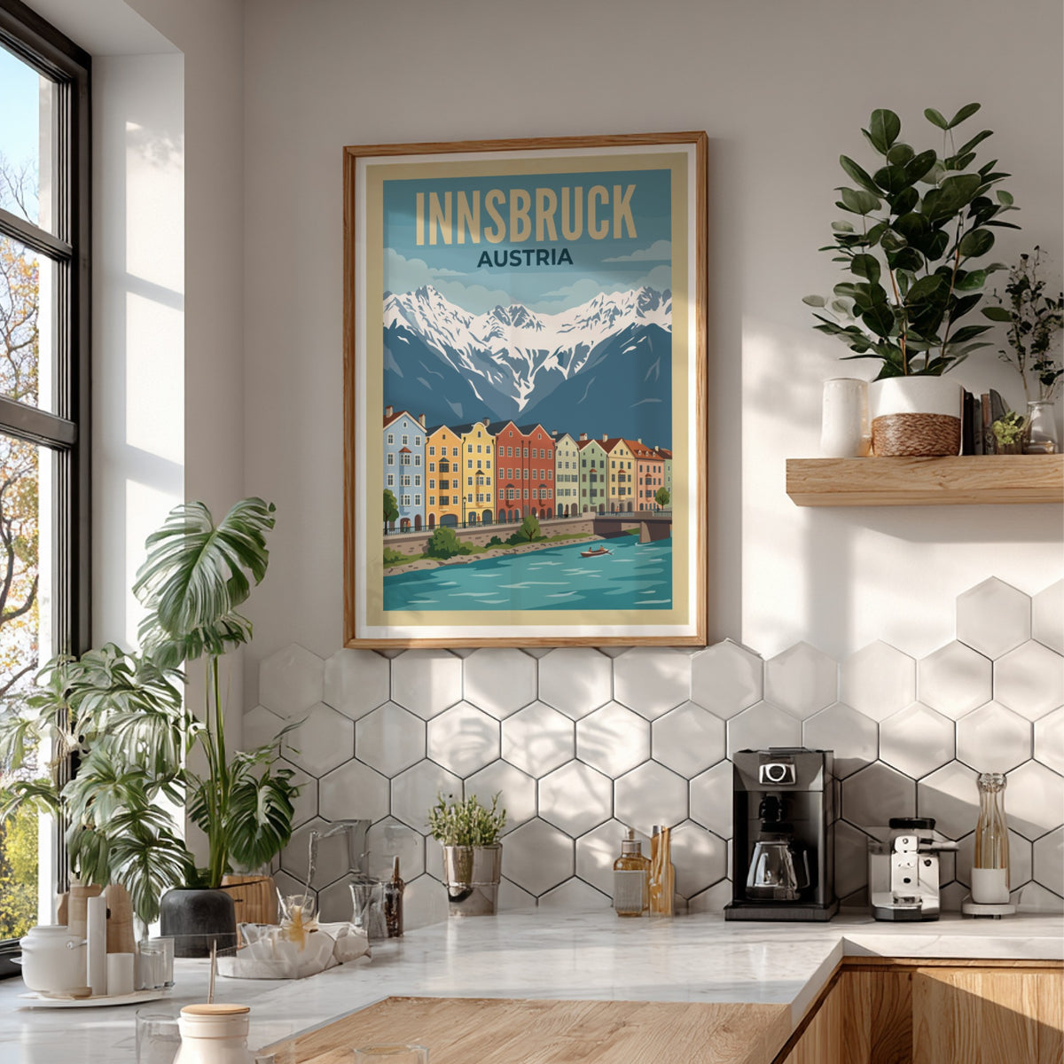 Innsbruck Austria travel poster featuring colourful townhouses along a river with snowy mountains.