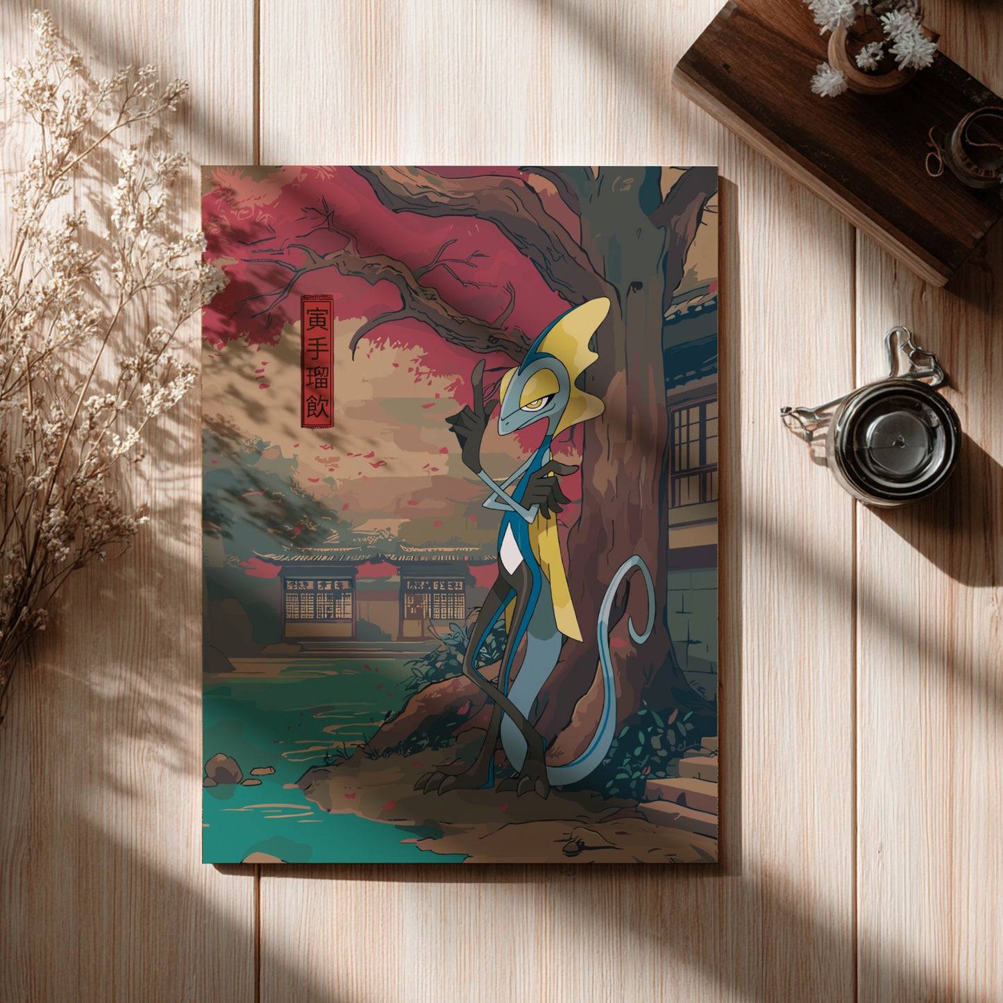 Colorful illustration of Inteleon Pokemon on a wooden surface with a cup and dried flowers.