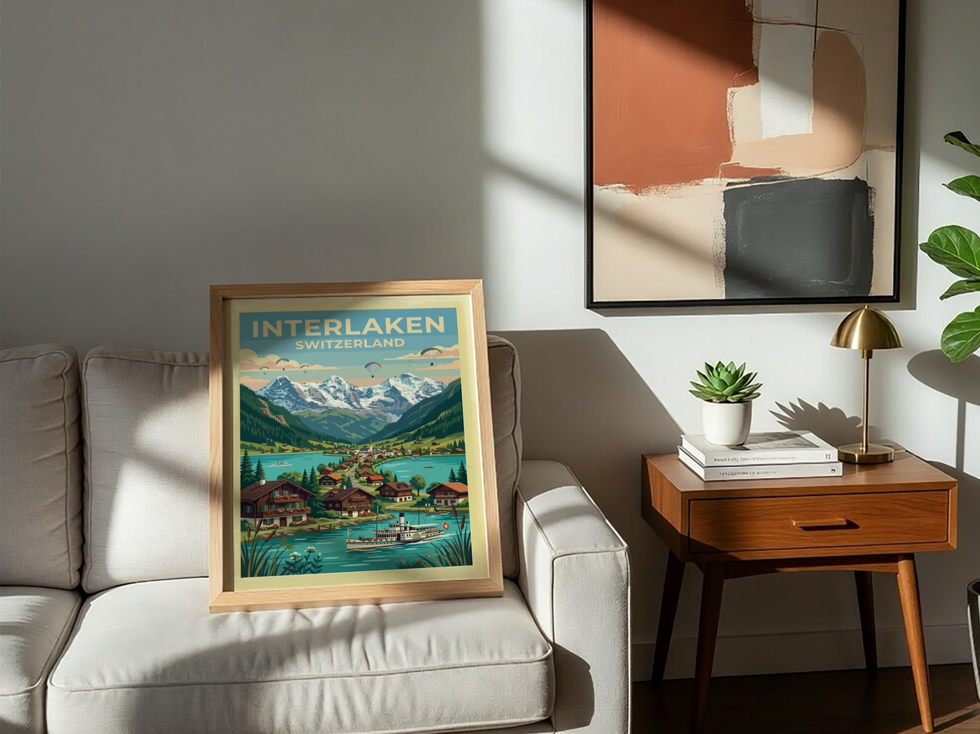 Travel poster of Interlaken Switzerland featuring a paddle steamer on a turquoise lake
