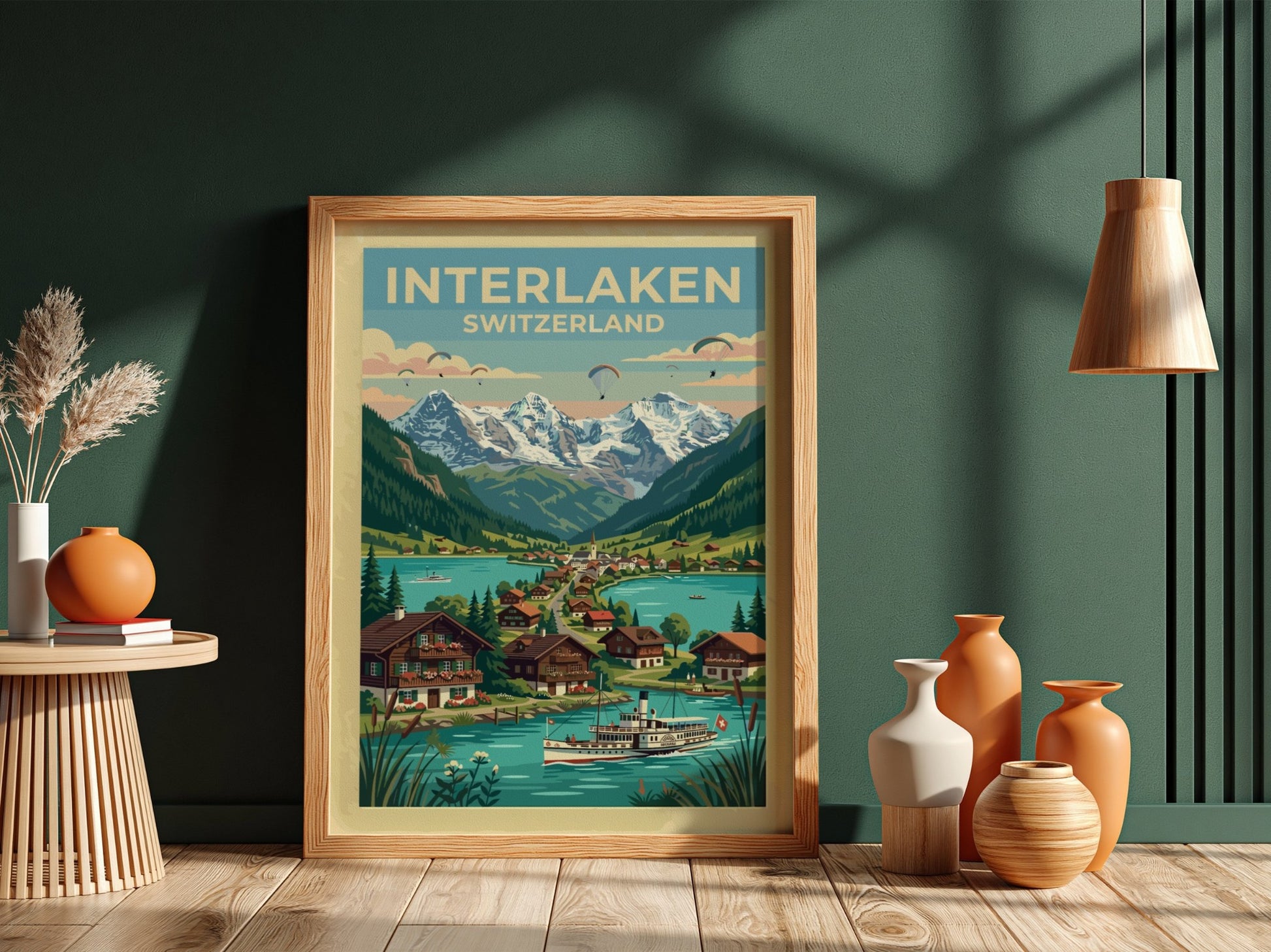 Travel poster of Interlaken Switzerland featuring a paddle steamer on a turquoise lake