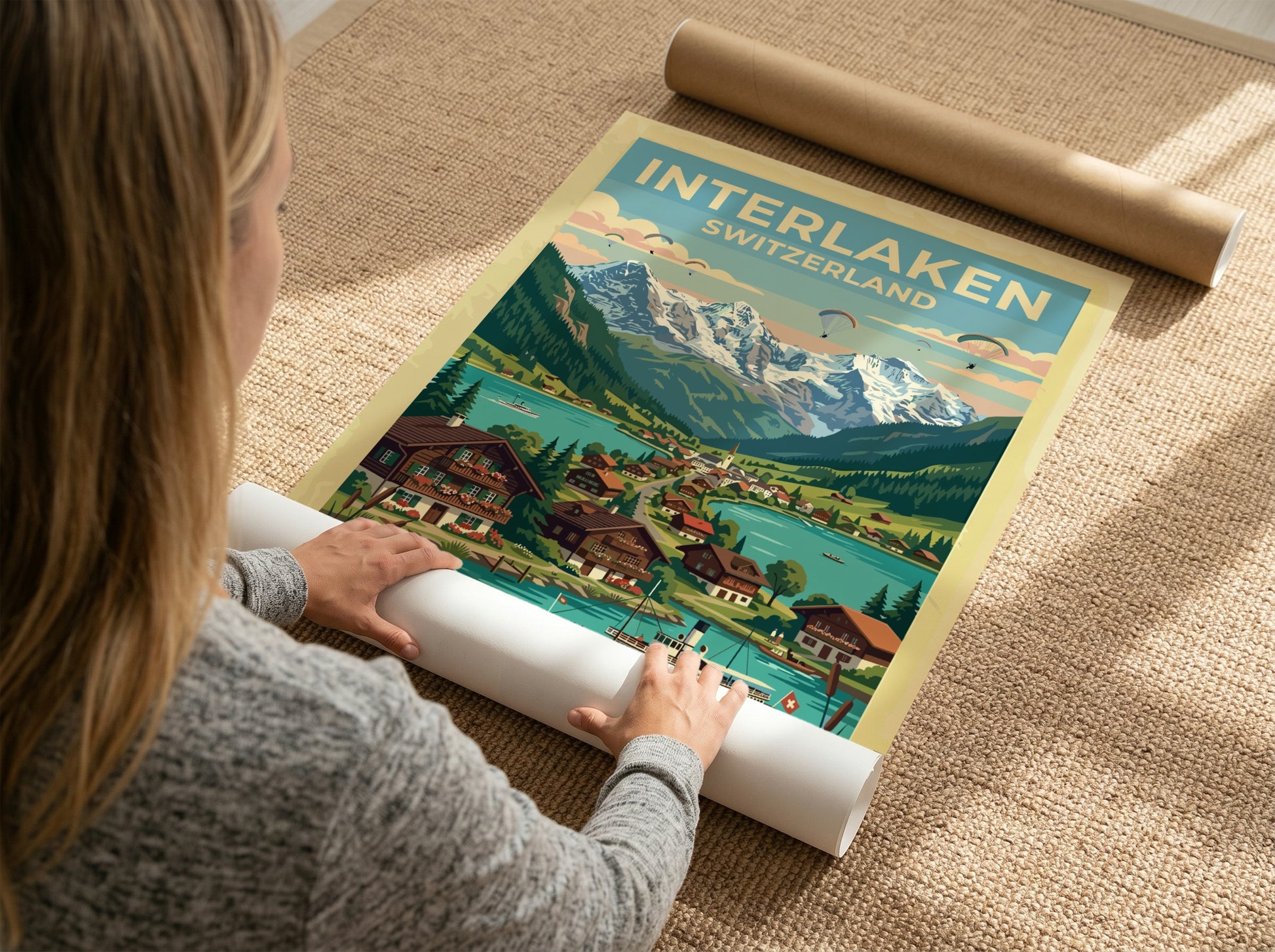 Travel poster of Interlaken Switzerland featuring a paddle steamer on a turquoise lake
