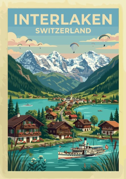 Travel poster of Interlaken Switzerland featuring a paddle steamer on a turquoise lake