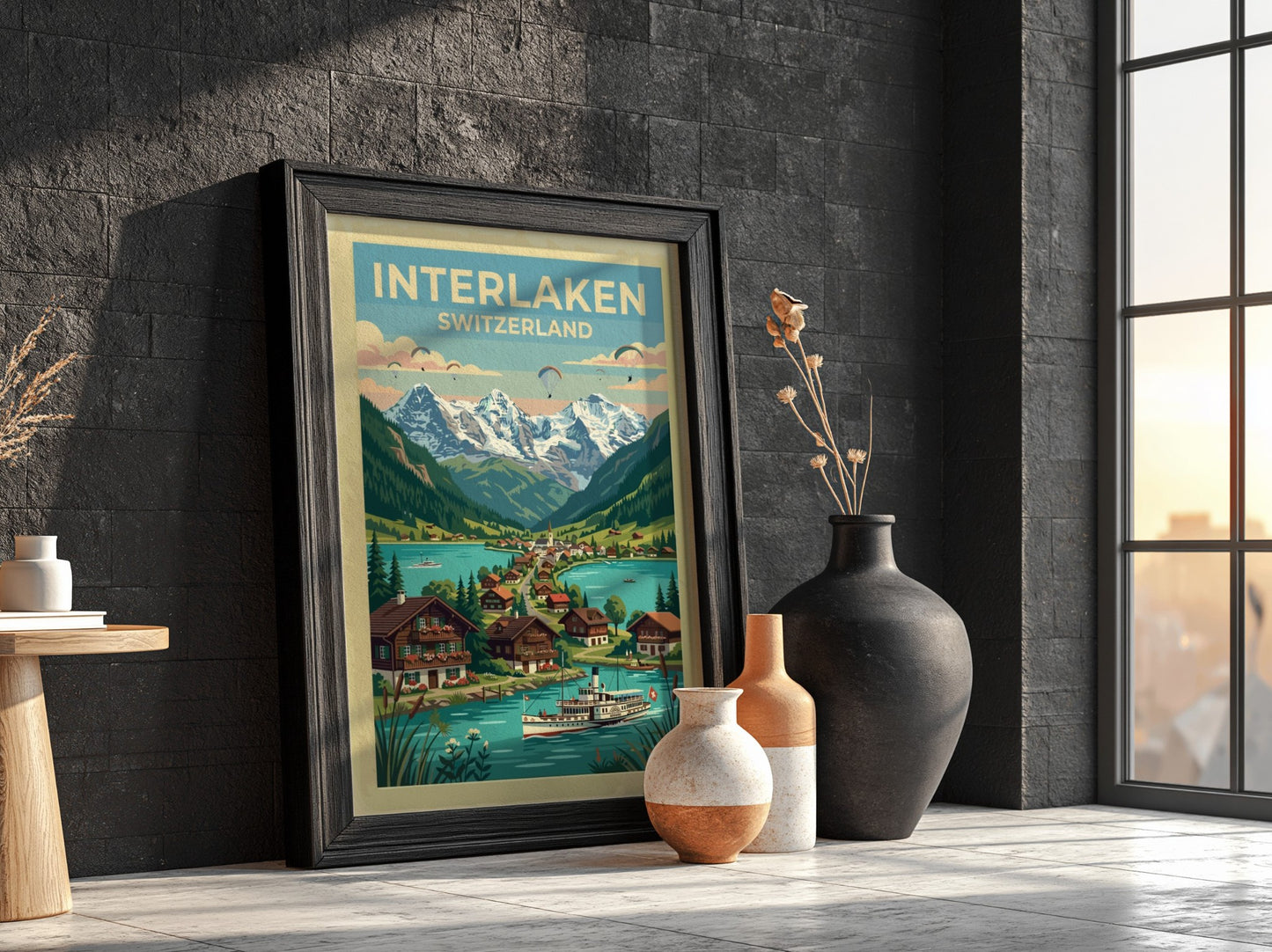 Travel poster of Interlaken Switzerland featuring a paddle steamer on a turquoise lake
