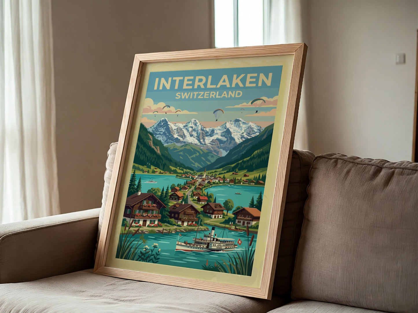 Travel poster of Interlaken Switzerland featuring a paddle steamer on a turquoise lake