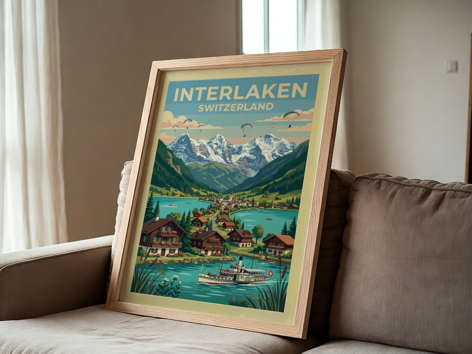 Travel poster of Interlaken Switzerland featuring a paddle steamer on a turquoise lake