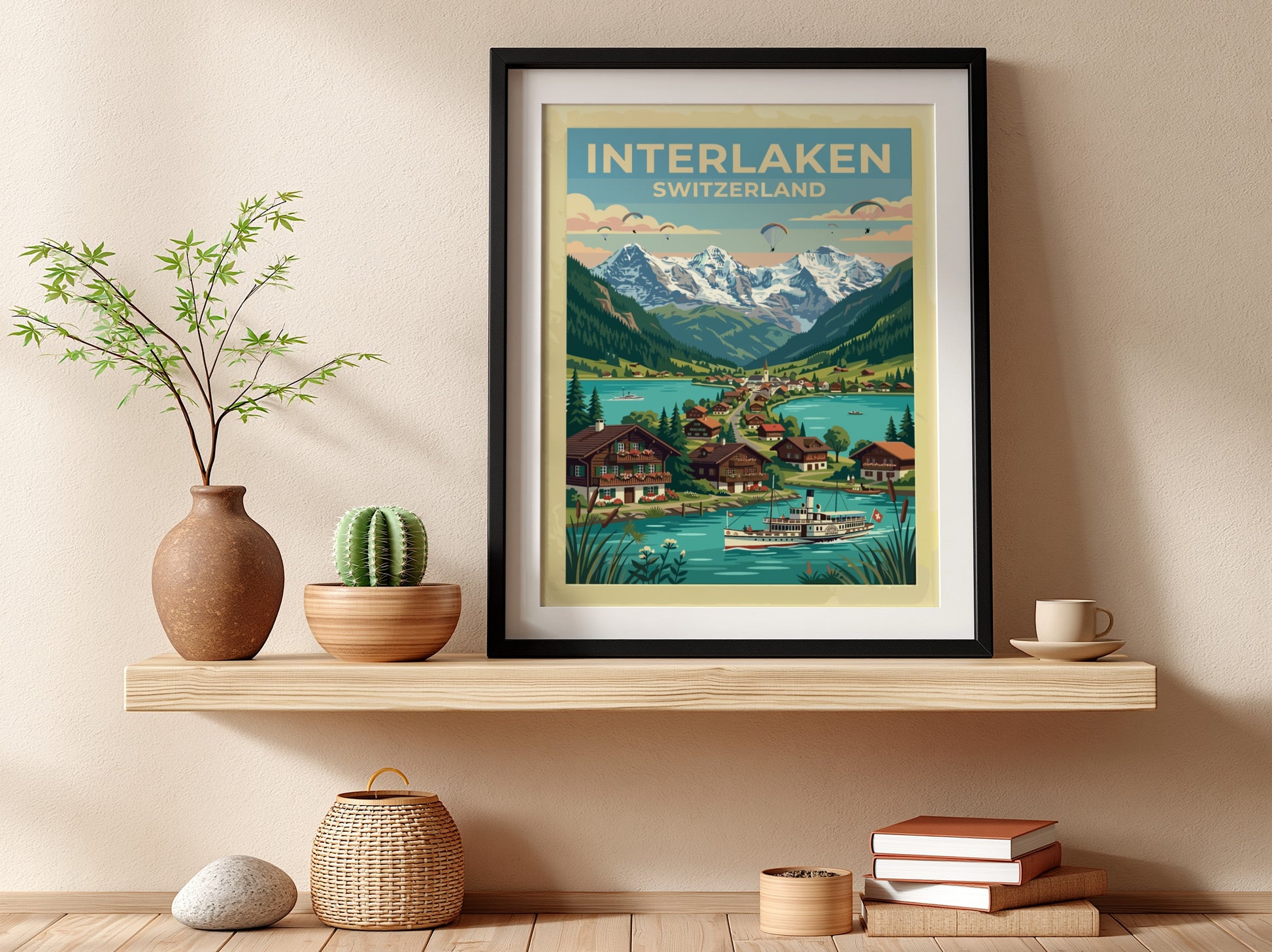 Travel poster of Interlaken Switzerland featuring a paddle steamer on a turquoise lake
