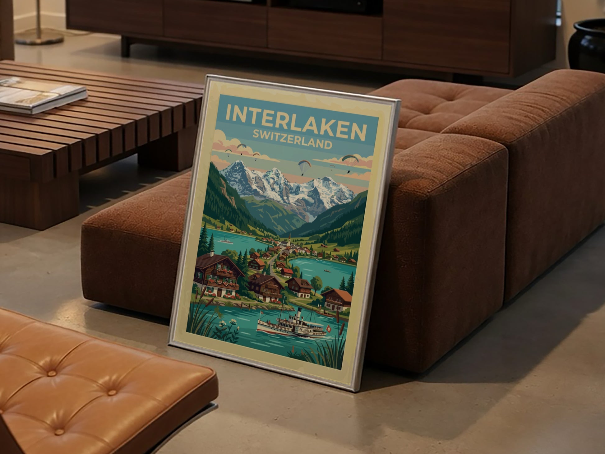 Travel poster of Interlaken Switzerland featuring a paddle steamer on a turquoise lake