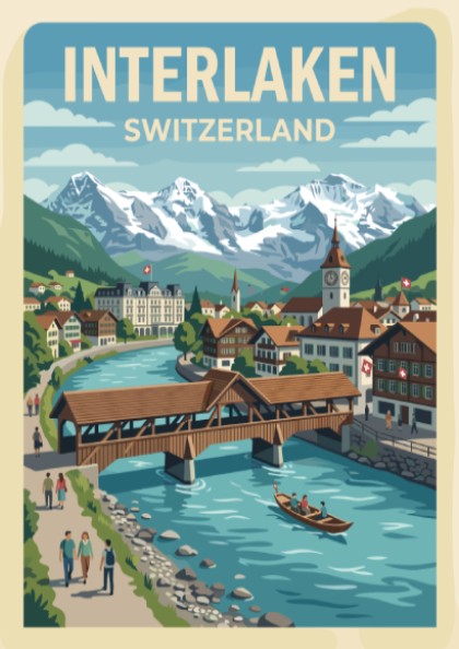 Interlaken Switzerland travel poster featuring a wooden bridge over a blue river and mountains.