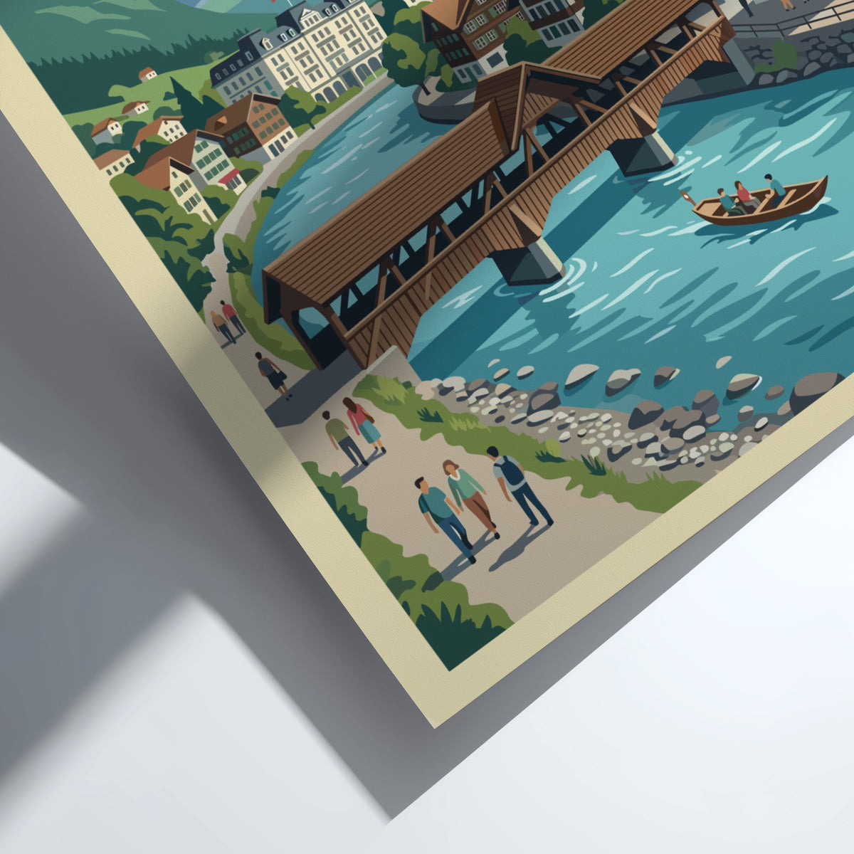 Interlaken Switzerland travel poster featuring a wooden bridge over a blue river and mountains.