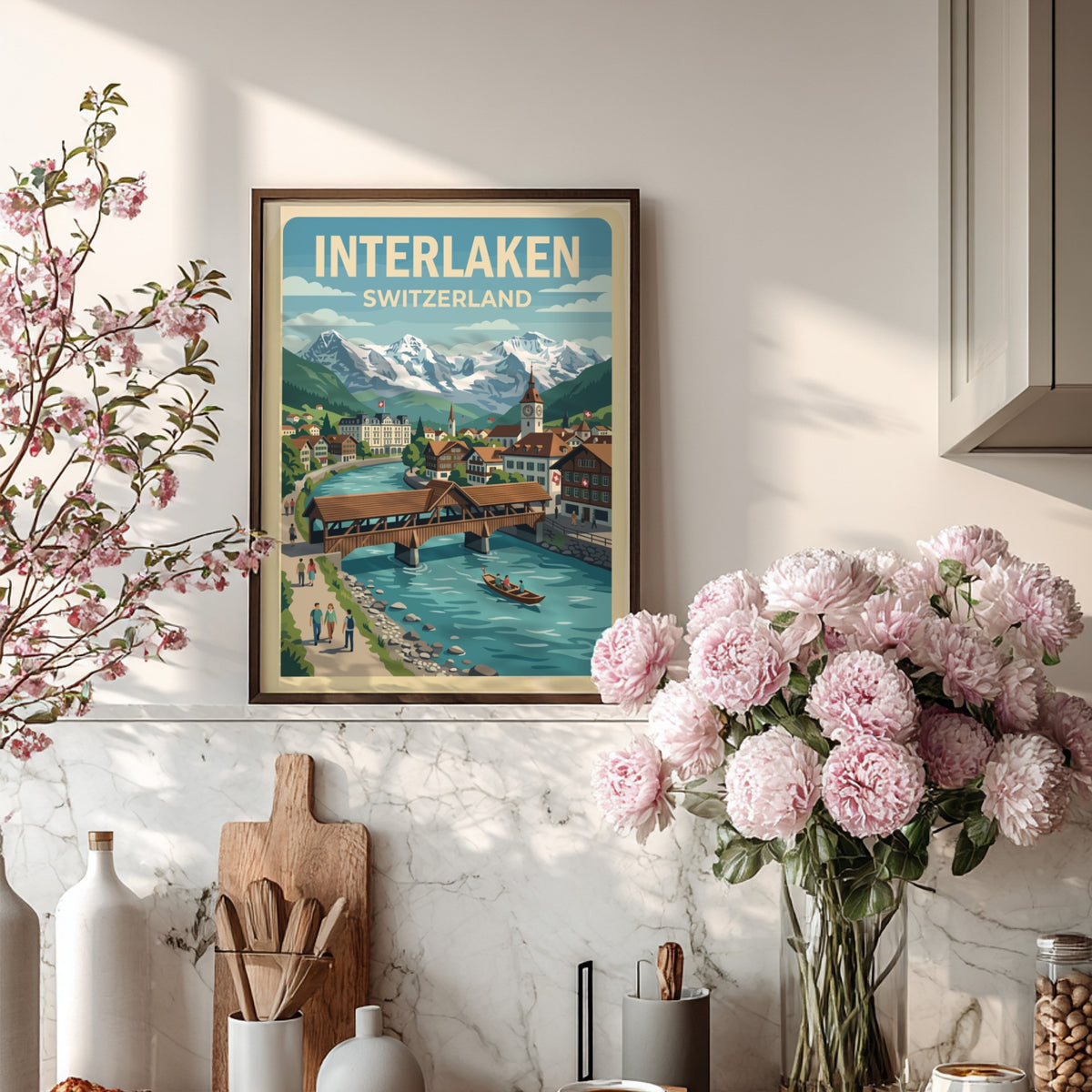 Interlaken Switzerland travel poster featuring a wooden bridge over a blue river and mountains.