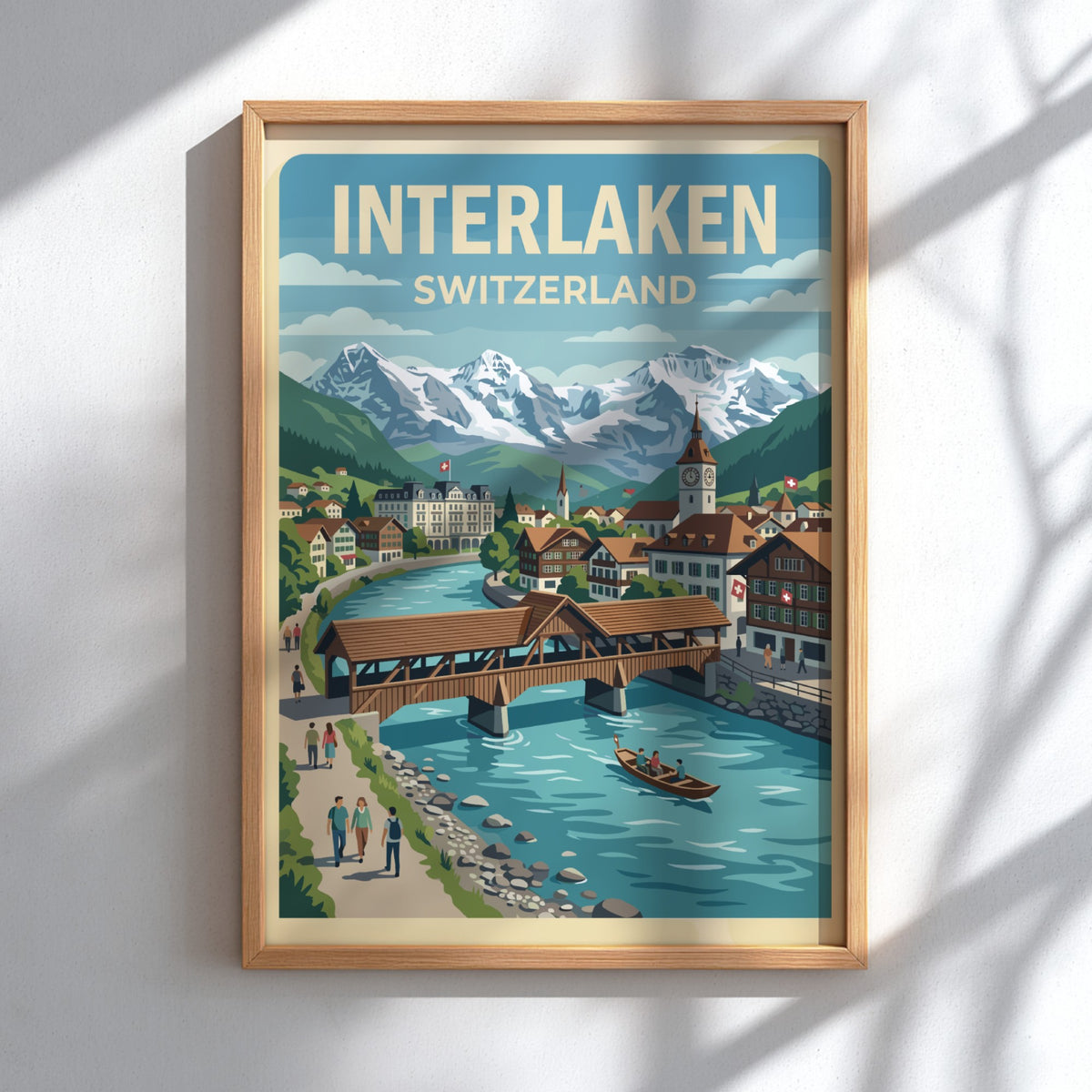 Interlaken Switzerland travel poster featuring a wooden bridge over a blue river and mountains.