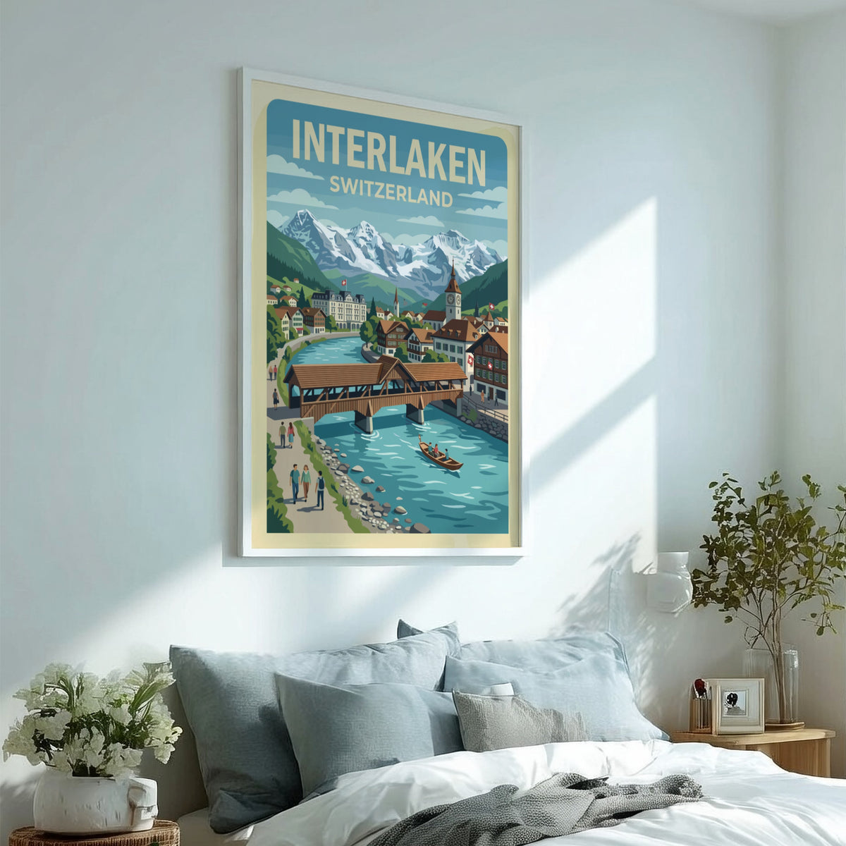 Interlaken Switzerland travel poster featuring a wooden bridge over a blue river and mountains.