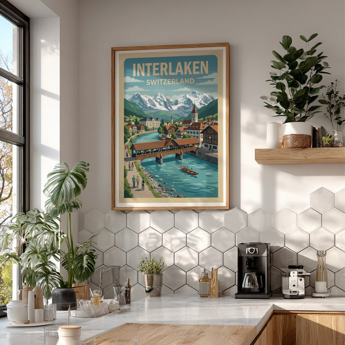 Interlaken Switzerland travel poster featuring a wooden bridge over a blue river and mountains.