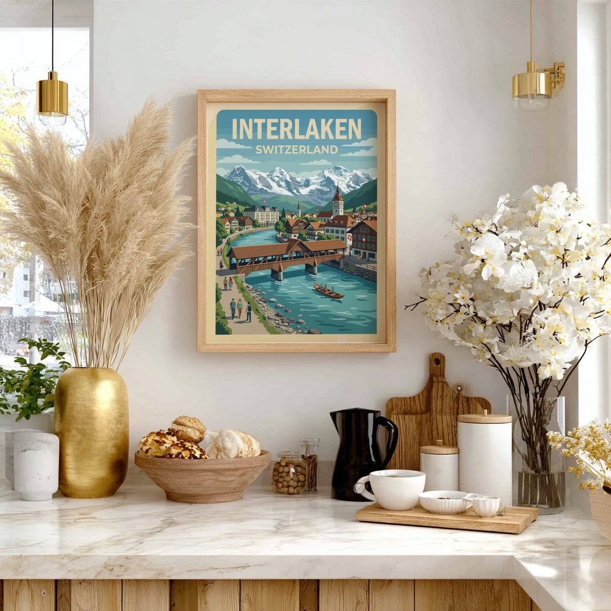 Interlaken Switzerland travel poster featuring a wooden bridge over a blue river and mountains.