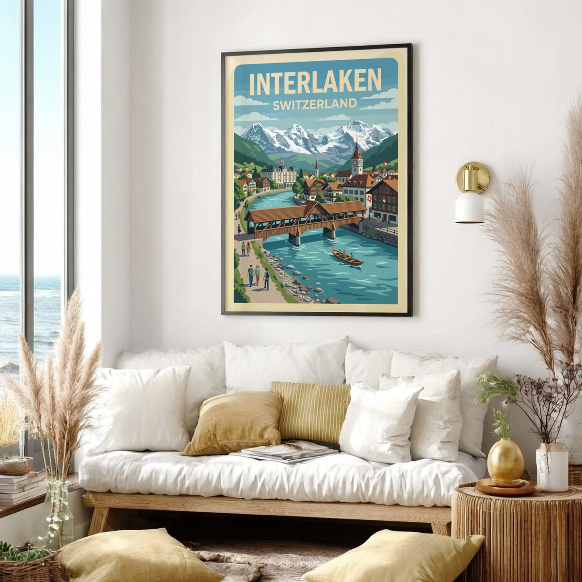 Interlaken Switzerland travel poster featuring a wooden bridge over a blue river and mountains.