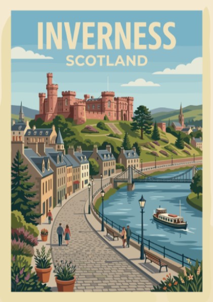 Poster of Inverness Scotland with a historic castle above a blue river scene