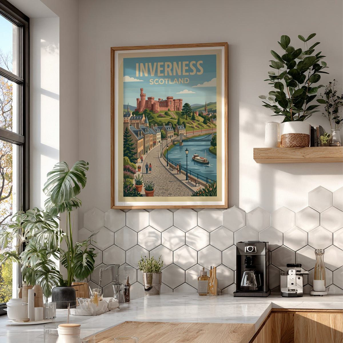 Poster of Inverness Scotland with a historic castle above a blue river scene