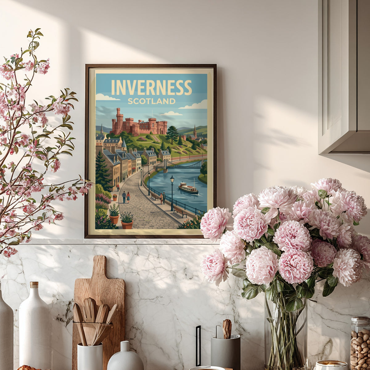 Poster of Inverness Scotland with a historic castle above a blue river scene
