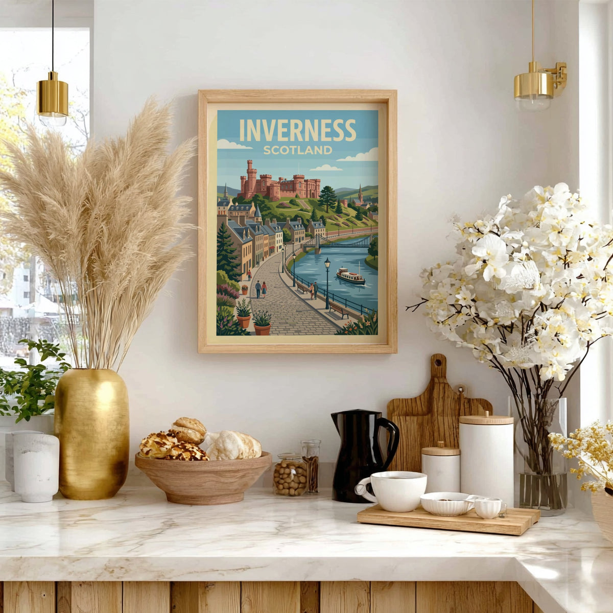 Poster of Inverness Scotland with a historic castle above a blue river scene