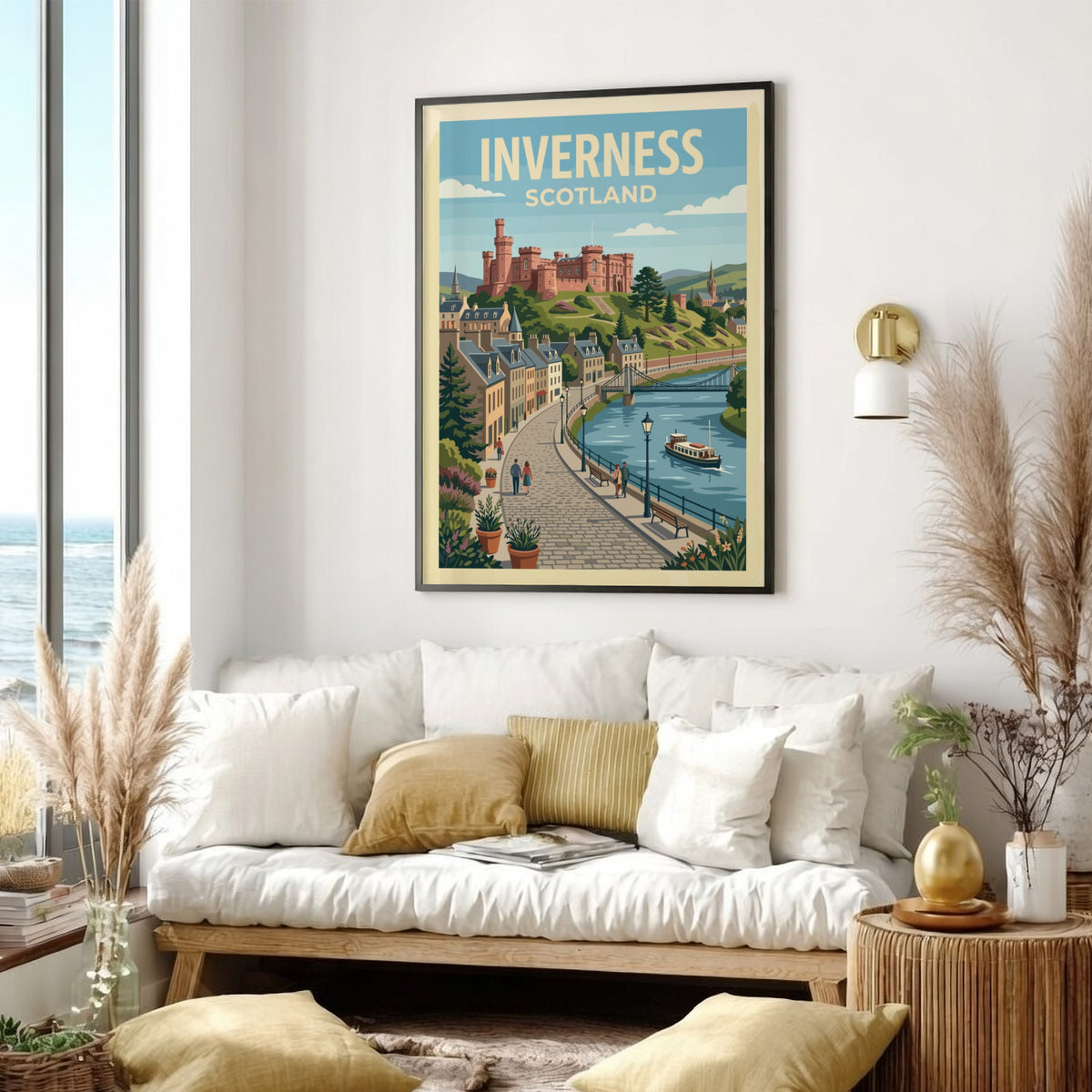 Poster of Inverness Scotland with a historic castle above a blue river scene