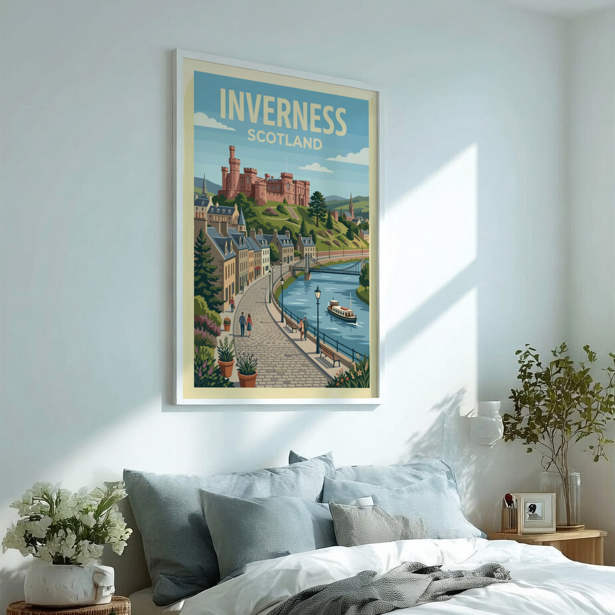 Poster of Inverness Scotland with a historic castle above a blue river scene