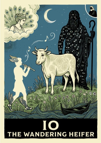 Greek mythology poster featuring Io the heifer, Hermes, and Argus Panoptes under a moonlit sky.