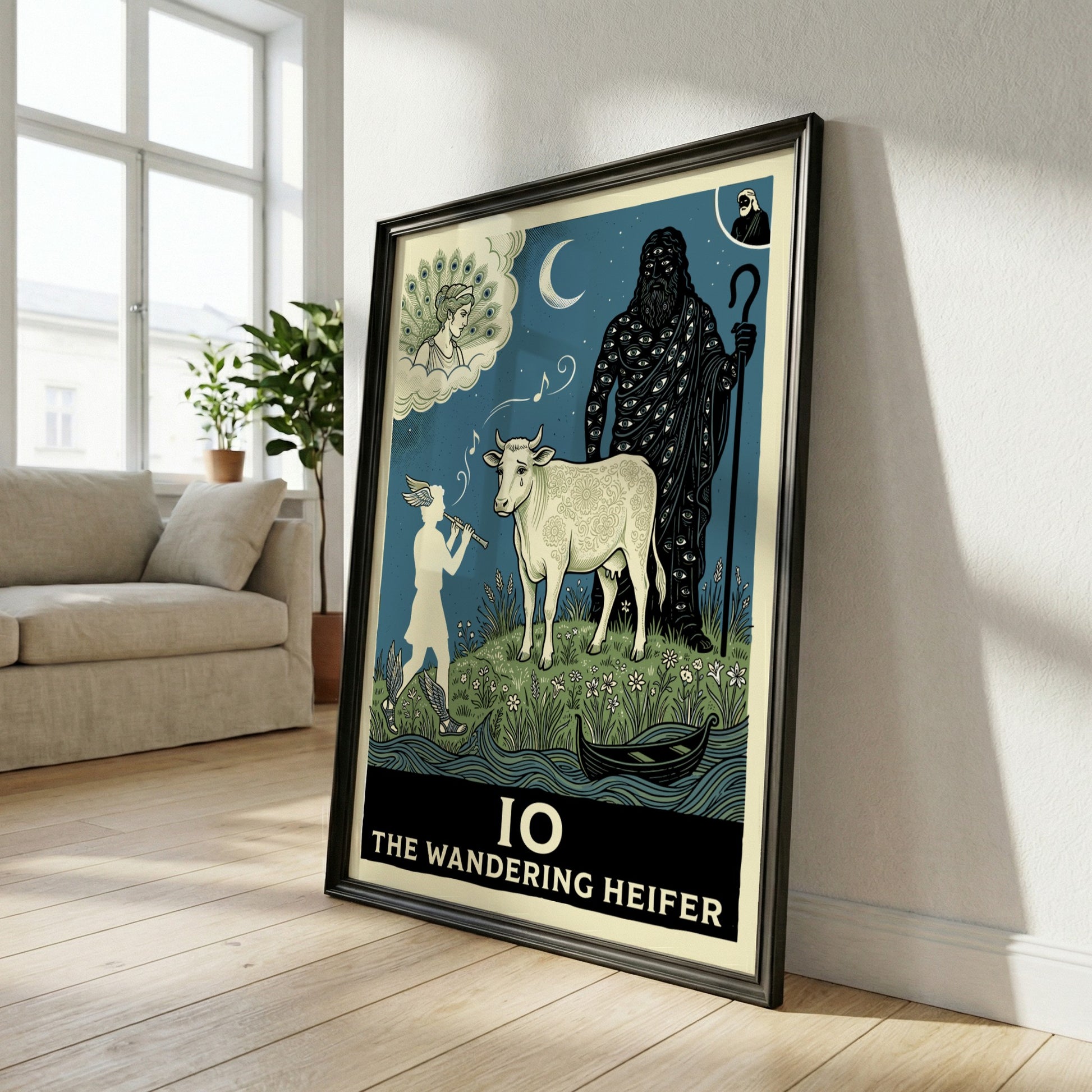 Greek mythology poster featuring Io the heifer, Hermes, and Argus Panoptes under a moonlit sky.