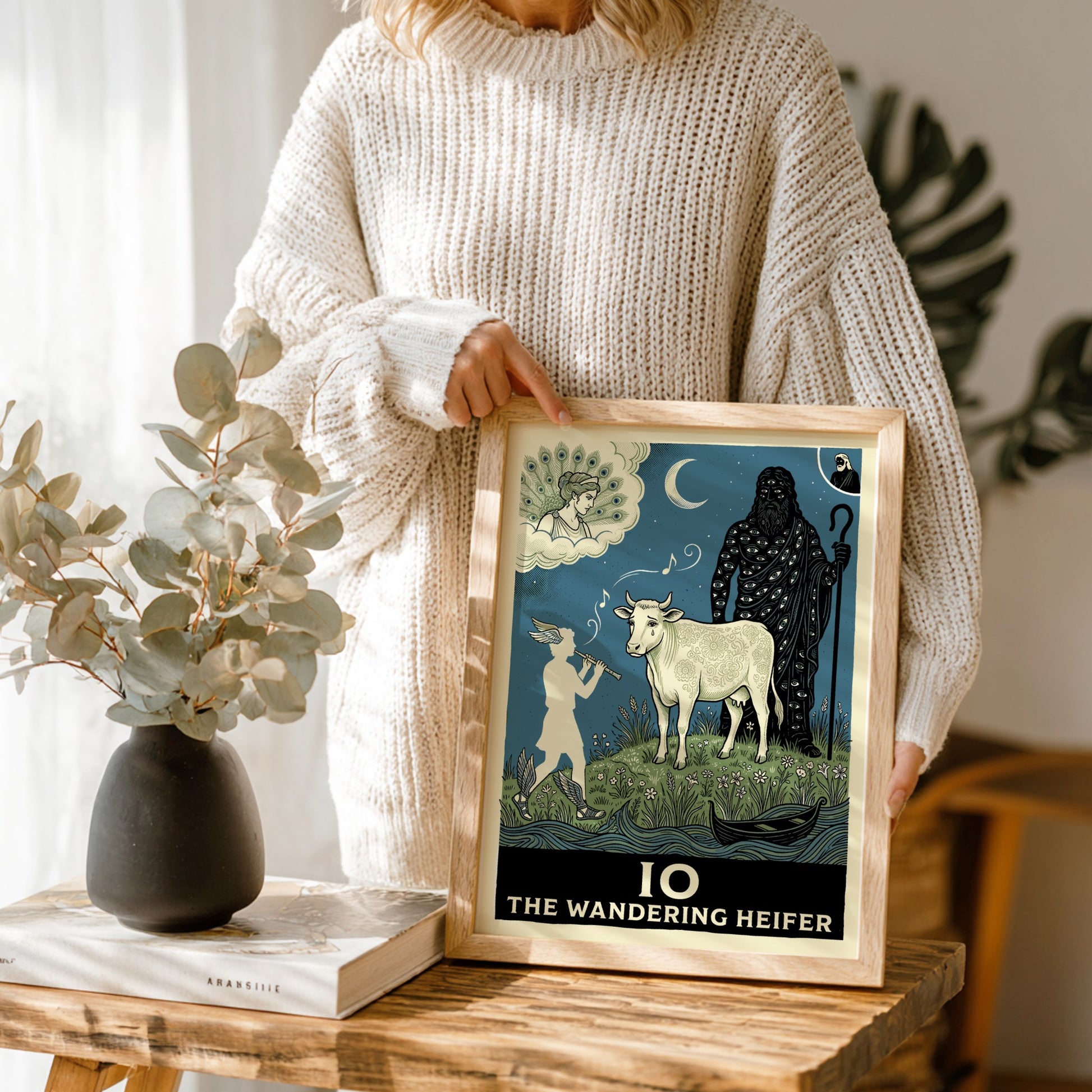 Greek mythology poster featuring Io the heifer, Hermes, and Argus Panoptes under a moonlit sky.