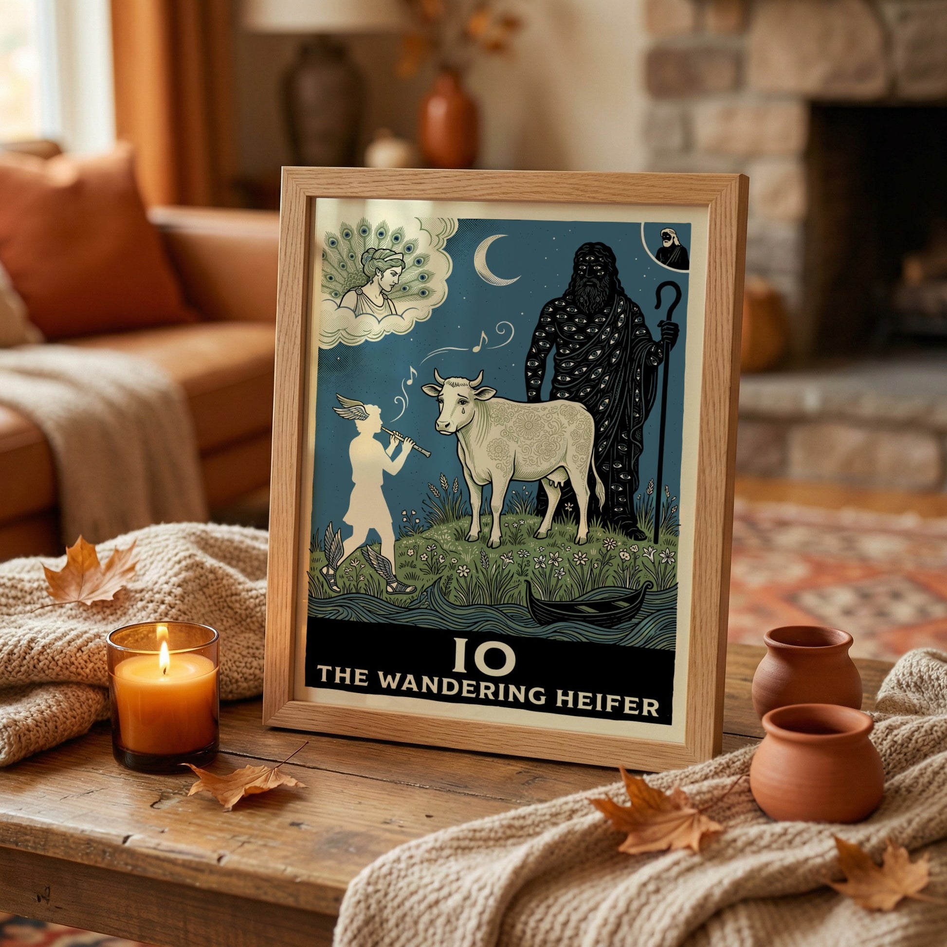 Greek mythology poster featuring Io the heifer, Hermes, and Argus Panoptes under a moonlit sky.