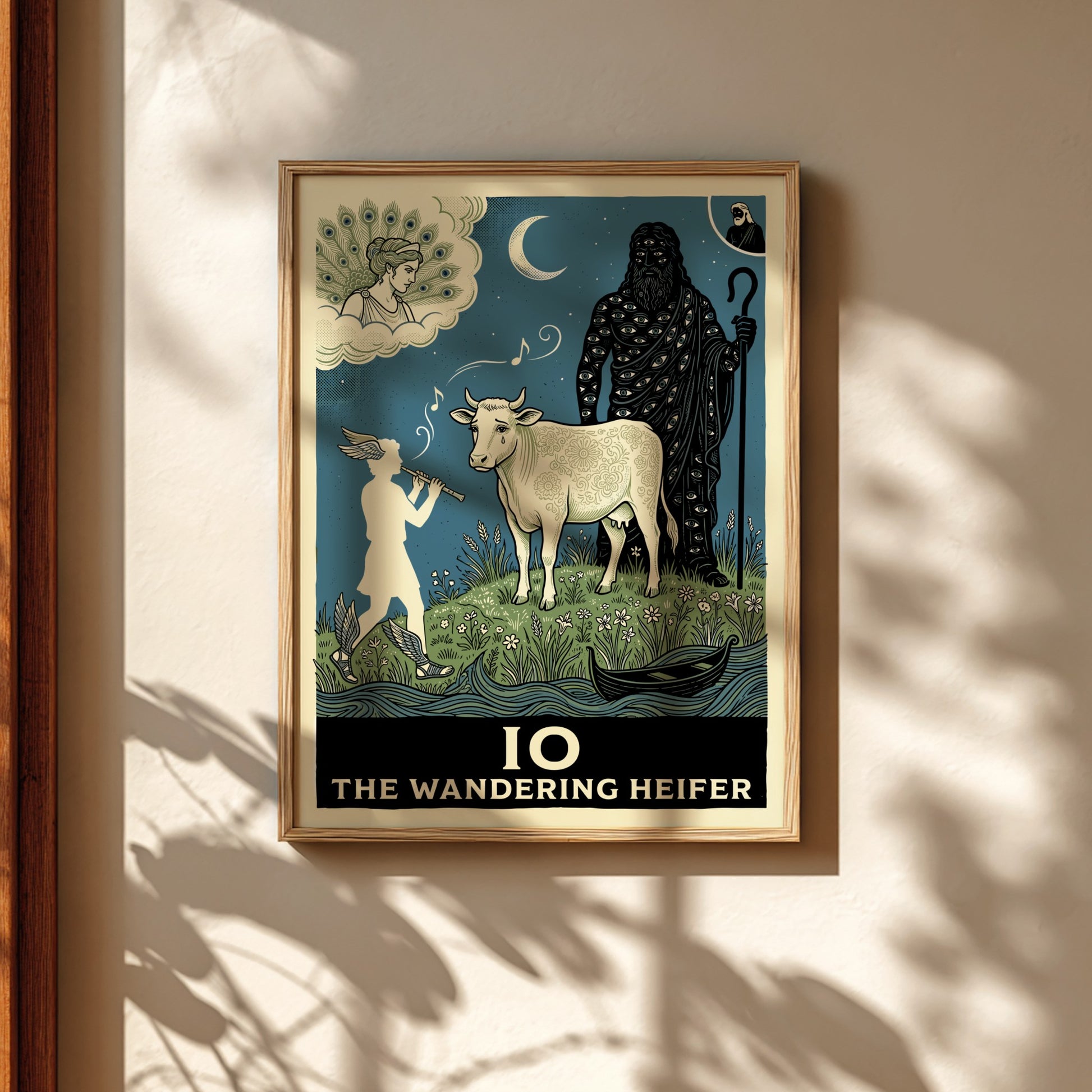 Greek mythology poster featuring Io the heifer, Hermes, and Argus Panoptes under a moonlit sky.