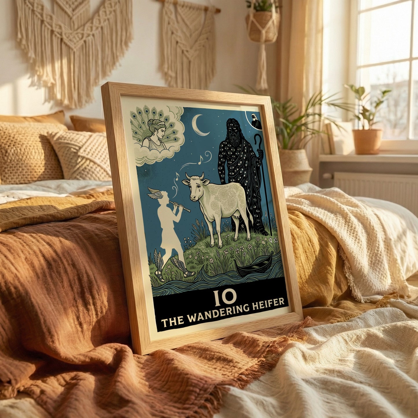 Greek mythology poster featuring Io the heifer, Hermes, and Argus Panoptes under a moonlit sky.