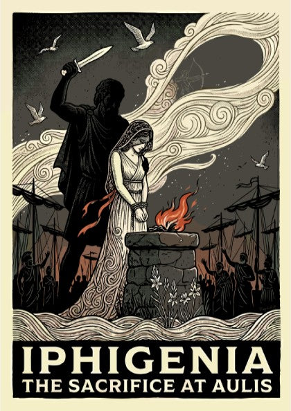 Iphigenia sacrifice poster in a graphic style, featuring a dagger, altar, and dramatic clouds.