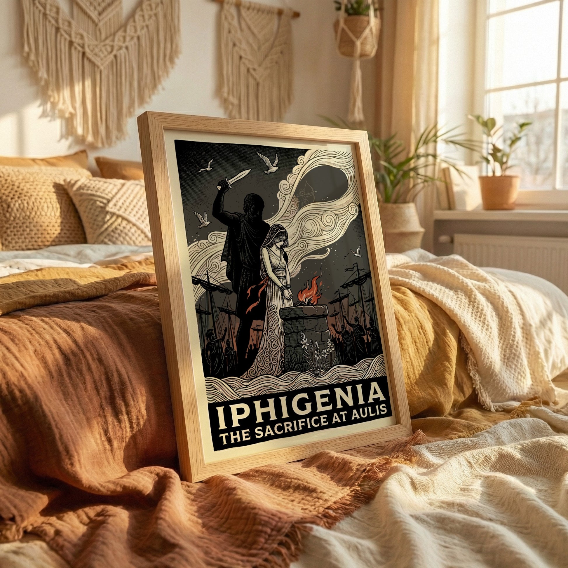 Iphigenia sacrifice poster in a graphic style, featuring a dagger, altar, and dramatic clouds.