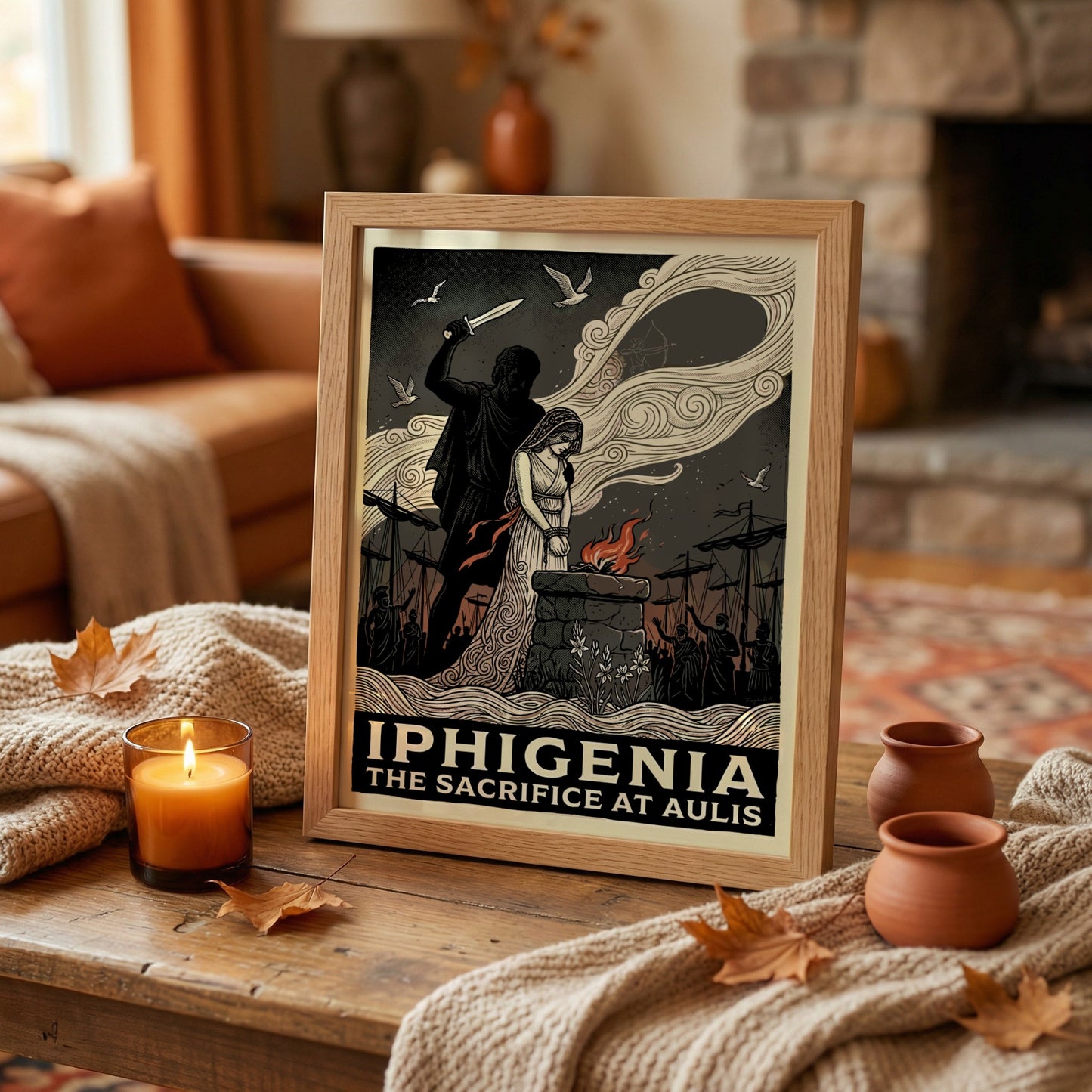 Iphigenia sacrifice poster in a graphic style, featuring a dagger, altar, and dramatic clouds.