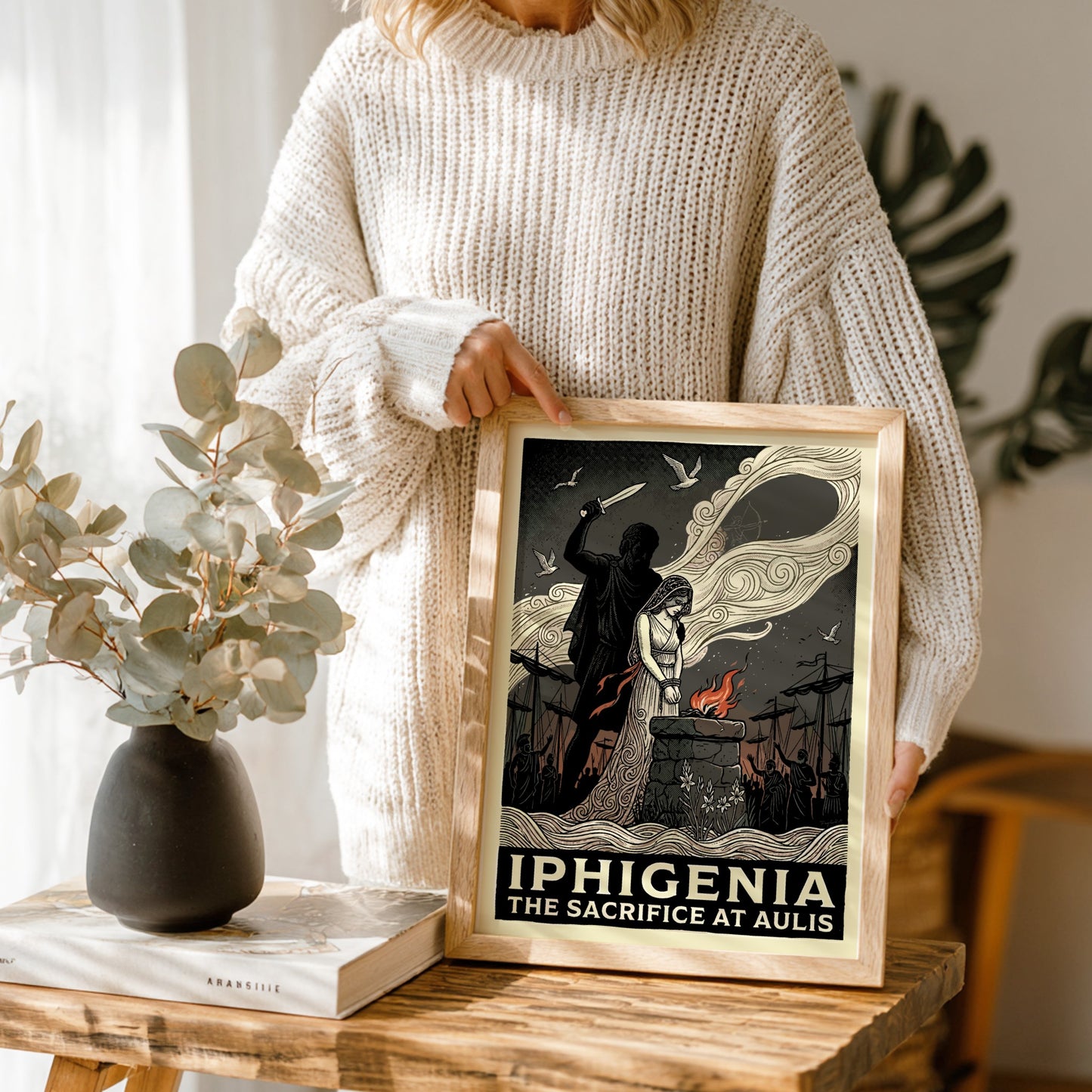 Iphigenia sacrifice poster in a graphic style, featuring a dagger, altar, and dramatic clouds.