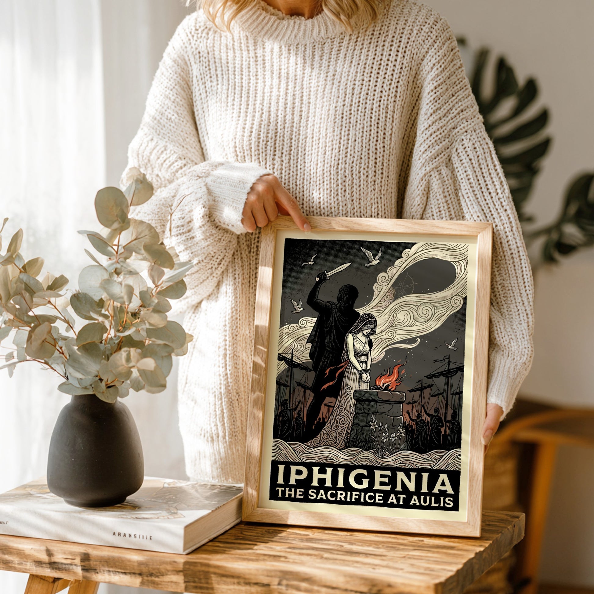 Iphigenia sacrifice poster in a graphic style, featuring a dagger, altar, and dramatic clouds.